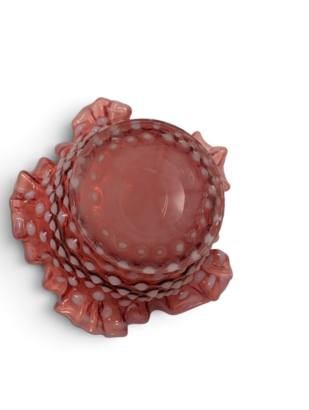 VINTAGE Fenton Hobnail Ruffled Bowl Glass Cranberry Pink Red White BonBon Dish - Picture 8 of 10